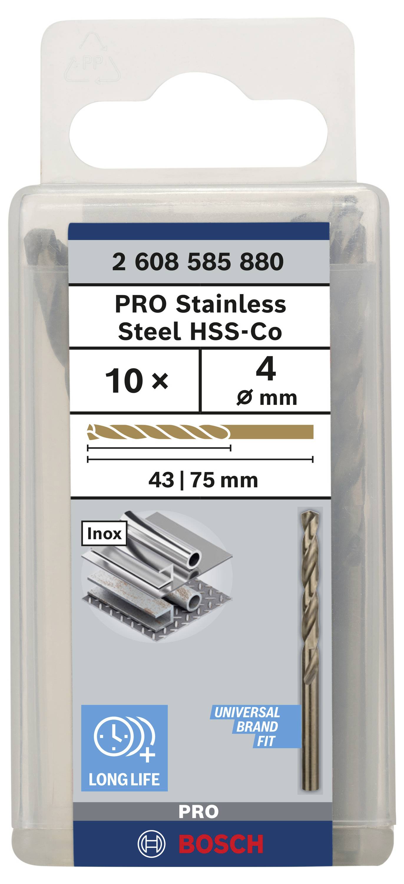 Bohrer-Set von Bosch, 10 Stück, aus HSS-Co Stahl für Edelstahl, Größe 4mm, geeignet für universelle Anwendung, mit 43/75mm Länge.