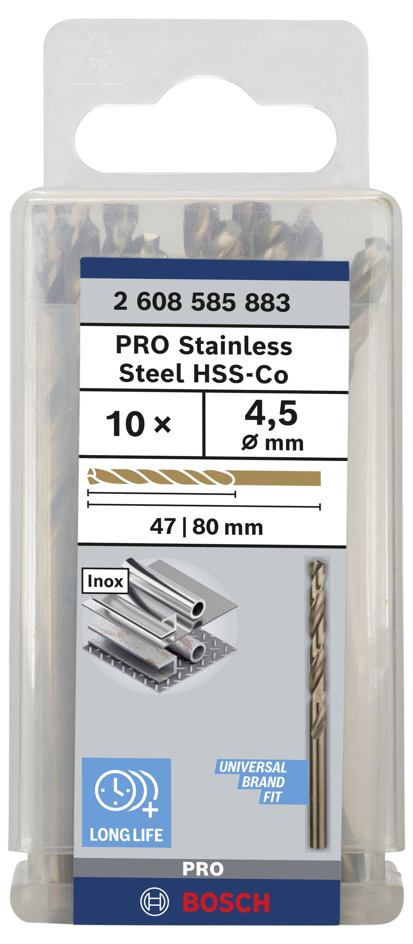 Satz von 10 HSS-Co Bohrer für Edelstahl mit 4,5 mm Durchmesser, Länge 47/80 mm, markiert als 'Universal Brand Fit' von Bosch.