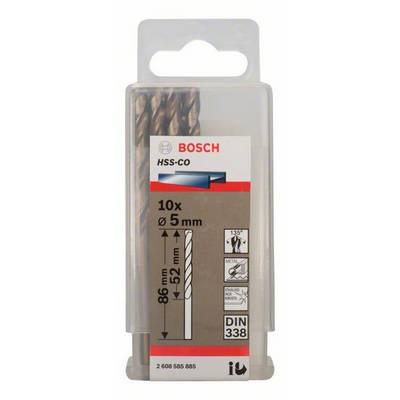 Bohrerpackung von Bosch mit 10 HSS-CO Bohrern, Durchmesser 5 mm, Länge 86 mm. Geeignet für Metallarbeiten, mit DIN 338 Standard.