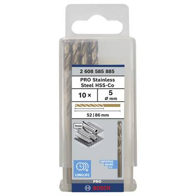 Packung mit Bohrer-Set, 10 Stück, 5 mm Durchmesser. Aus Edelstahl, HSS-Co, 52/86 mm Länge. Geeignet für Metallarbeiten. Marke Bosch.