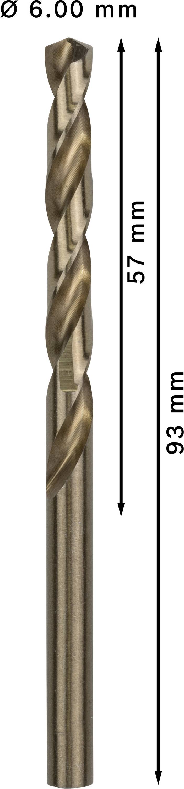 Metallbohrer mit 6,00 mm Durchmesser, 57 mm Arbeitslänge und 93 mm Gesamtlänge, geeignet für präzises Bohren.