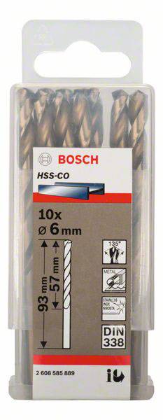 'Bosch HSS-CO Metallbohrer', 10 Stück, Durchmesser 6 mm, Gesamtlänge 93 mm, Nutzlänge 57 mm, geeignet für Edelstahl, DIN 338.