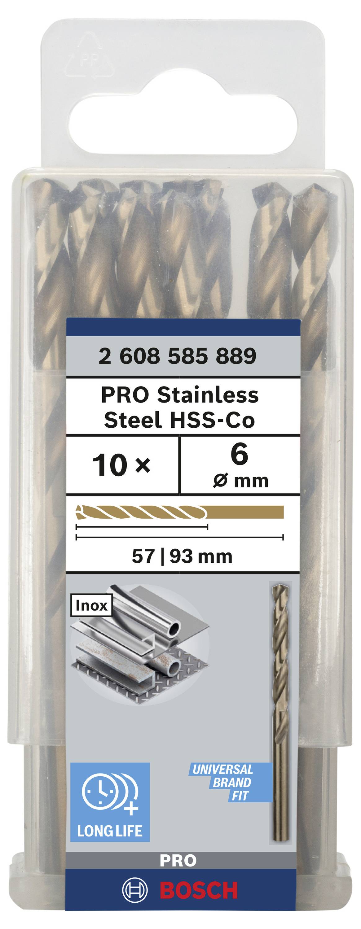 'Bohrer-Set von Bosch für Edelstahl HSS-Co, 10 Stück, 6 mm Durchmesser, 57/93 mm Länge. Geeignet für Inox mit längerer Lebensdauer.'