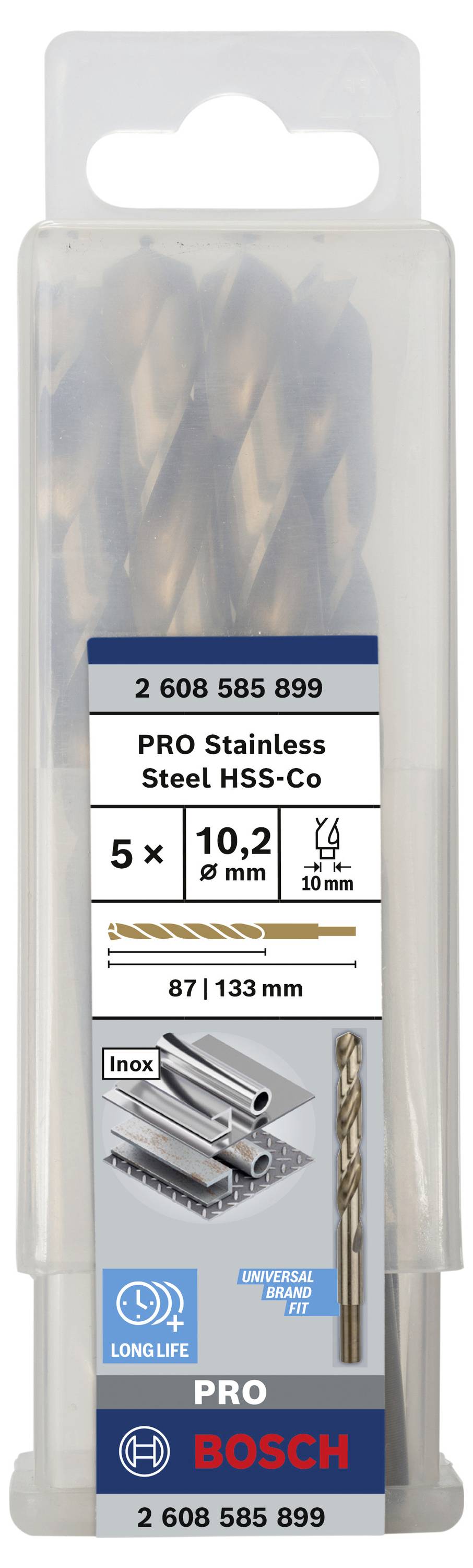 Bohraufsatz-Set in einer Verpackung. Enthält fünf HSS-Co-Stahlbohrer mit Durchmesser 10,2 mm. Geeignet für Edelstahl. Marke: Bosch.