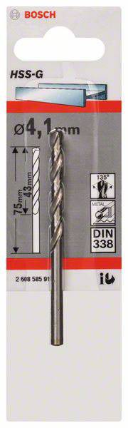 Bohrer von Bosch, Größe 4,1 mm. Verpackung zeigt Spezifikationen: HSS-G, Longlife & Speed, 75 mm Länge. DIN 338 Standard.