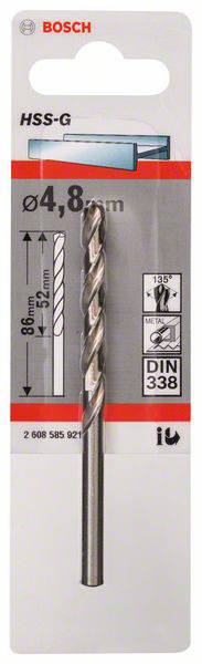 'Bosch HSS-G' Metallbohrer, 4,8 mm Durchmesser. Verpackungsdetails zeigen Länge, Winkel und DIN-Norm.