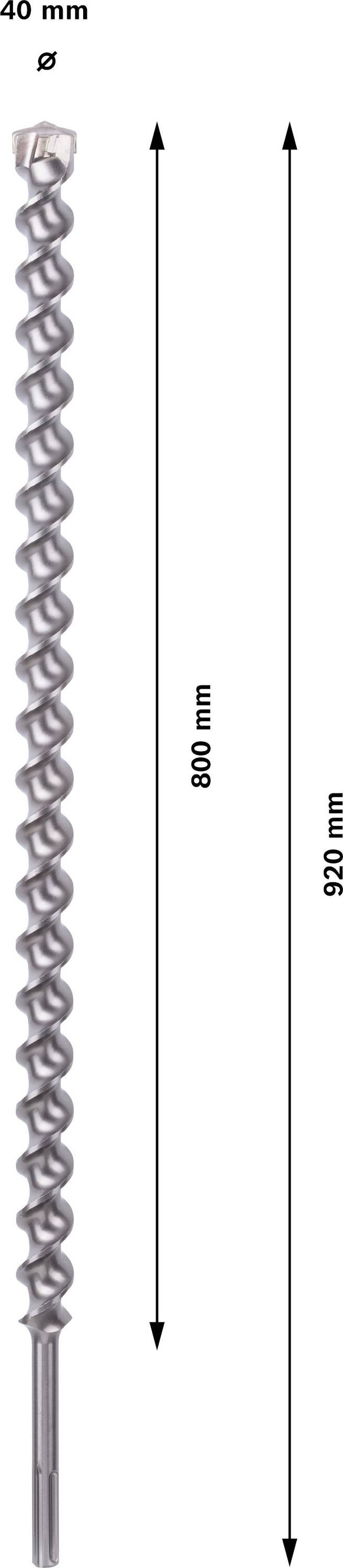 'Ein grauer Bohrer mit einer Gesamtlänge von 920 mm. Die Spirale des Bohrers ist 800 mm lang. Durchmesser beträgt 40 mm.'
