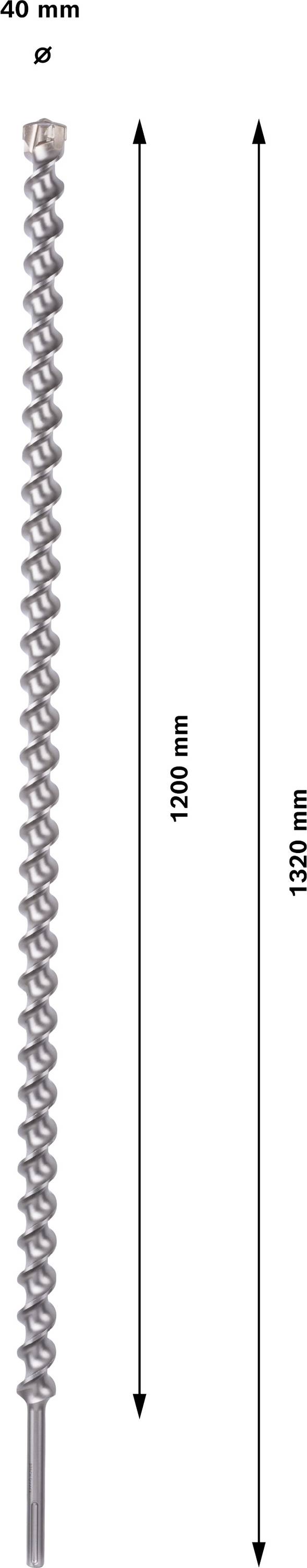 Ein langer, spiralförmiger Bohrer, oben 40 mm breit, Gesamtlänge 1420 mm.