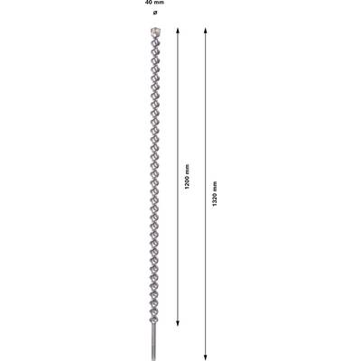 Ein langer, spiralförmiger Bohrer, oben 40 mm breit, Gesamtlänge 1420 mm.