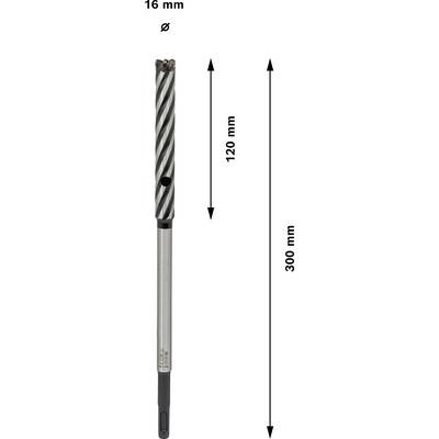 Abbildung eines Bohrers mit 16 mm Durchmesser, 120 mm Schneidelänge und 300 mm Gesamtlänge.