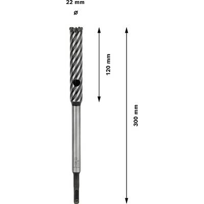 Bohrer mit Spiralnut und zylindrischem Schaft. Gesamtlänge 300 mm, Nutlänge 120 mm, Durchmesser 22 mm.