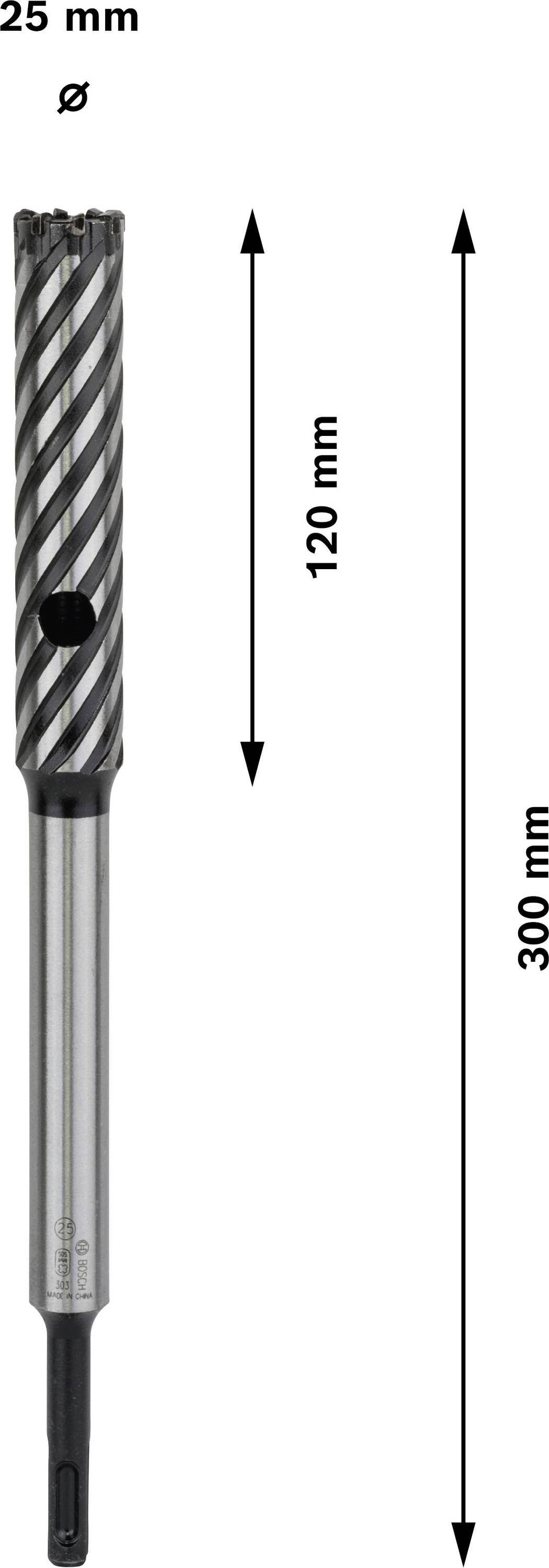 Bohrer mit geriffeltem Kopf. Die Länge beträgt 300 mm, der geriffelte Teil 120 mm. Der Durchmesser an der Spitze beträgt 25 mm.