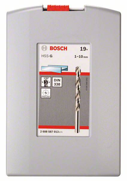 Eine graue Box von Bosch mit einem Bohrer-Set, Größen 1-10 mm, HSS-G. Markierungen: 135 Grad Winkel, DIN 338, 19 Stück.