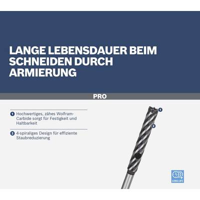 'Lange Lebensdauer beim Schneiden durch Armierung.' Hochwertiges Wolfram-Carbide, 4-spiraliges Design für Staubreduzierung.