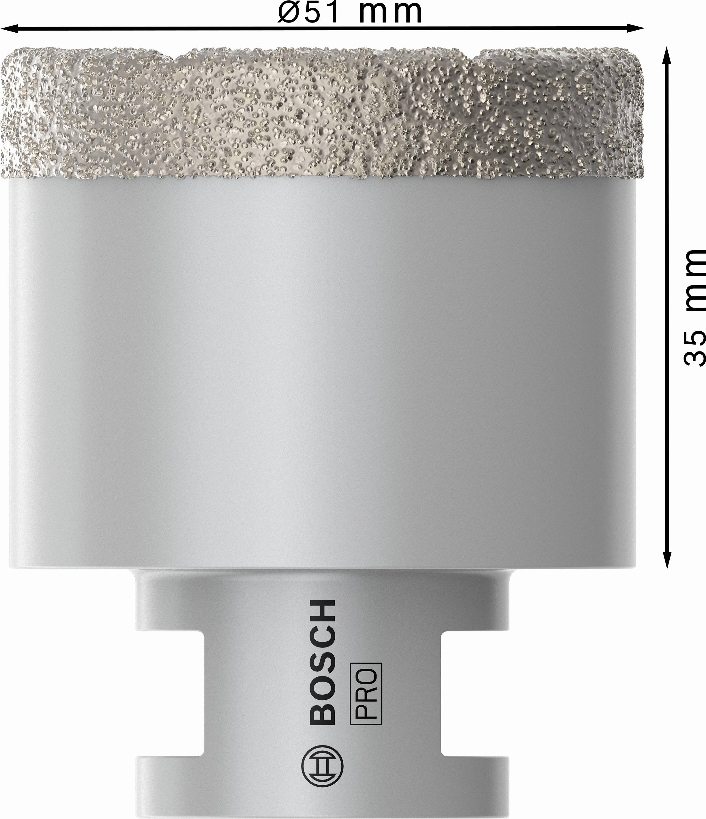 Silberne Bosch Lochsäge mit Kohlenstoffbeschichtung, Durchmesser 51 mm, Höhe 35 mm, geeignet für professionelle Anwendungen.