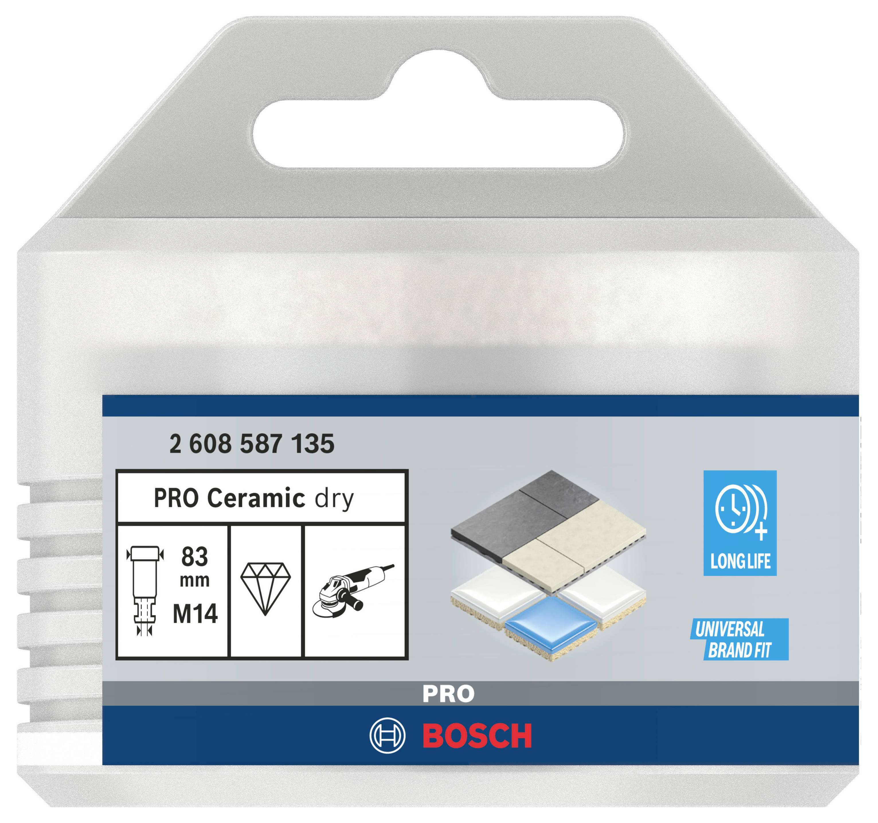 Verpackung eines Bosch PRO Ceramic Trockenbohrers, 83 mm. Zeigt Diamantbohrer-Symbol, Bild von Fliesen, 'Long Life', 'Universal Brand Fit'.
