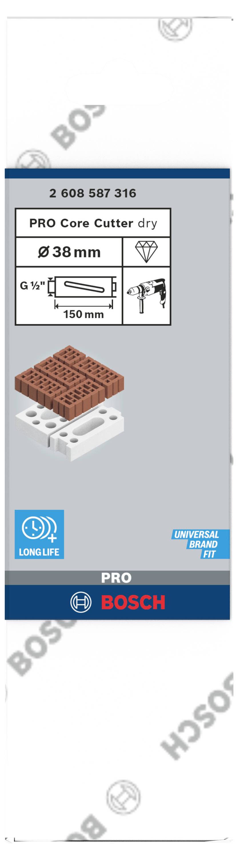 'PRO Core Cutter dry, Ø 38 mm, 150 mm Länge, G½”' auf Verpackung abgebildet, geeignet für Abriebbohren, mit Bosch- und Langlebigkeitssymbol.