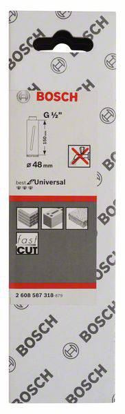 'Bosch' Sägeblattverpackung, zeigt Symbole für Anwendungen in Metall, Kunststoff und Holz. Text: 'fast CUT', Durchmesser 48 mm.