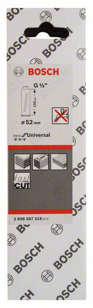 Verpackung für Bosch-Stichsägeblatt 'G 52 mm Universal', geeignet für Holz, Kunststoff und Metall, keine Nägel oder Schrauben.