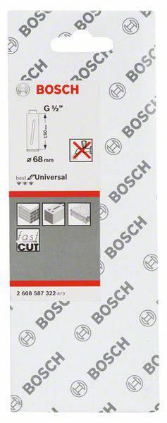 'Bosch' Verpackung für Stichsägeblätter, Universal, Länge 68 mm, geeignet für G 1/2. Enthält Abmessungssymbol und 'Fast Cut' Hinweis.