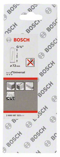 Verpackung eines Bosch 'Universal' Sägeblatts. Geeignet für Holz und Kunststoff. Schnelle Schnitte mit 'Fast Cut'. Maße: 72 mm.