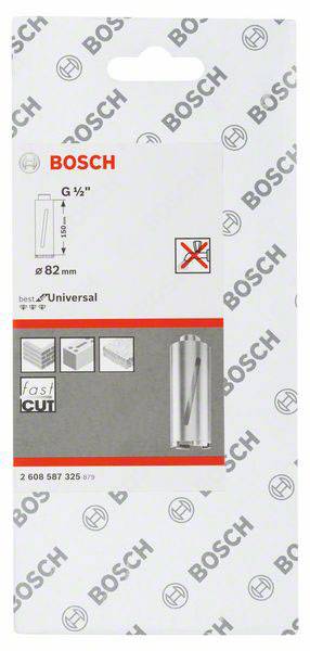 Verpackung für Bosch Lochsäge G 1 1/2" mit 82 mm Durchmesser. Geeignet für Holz, Metall, und Kunststoff. Fast Cut abgebildet.