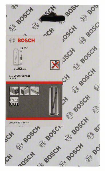 'Bosch'-Etikett auf Verpackung mit Produktabbildung und Größenangaben: G 1/4", 102 mm. Empfohlen für Universalgebrauch mit 'Fast Cut'-Technologie.