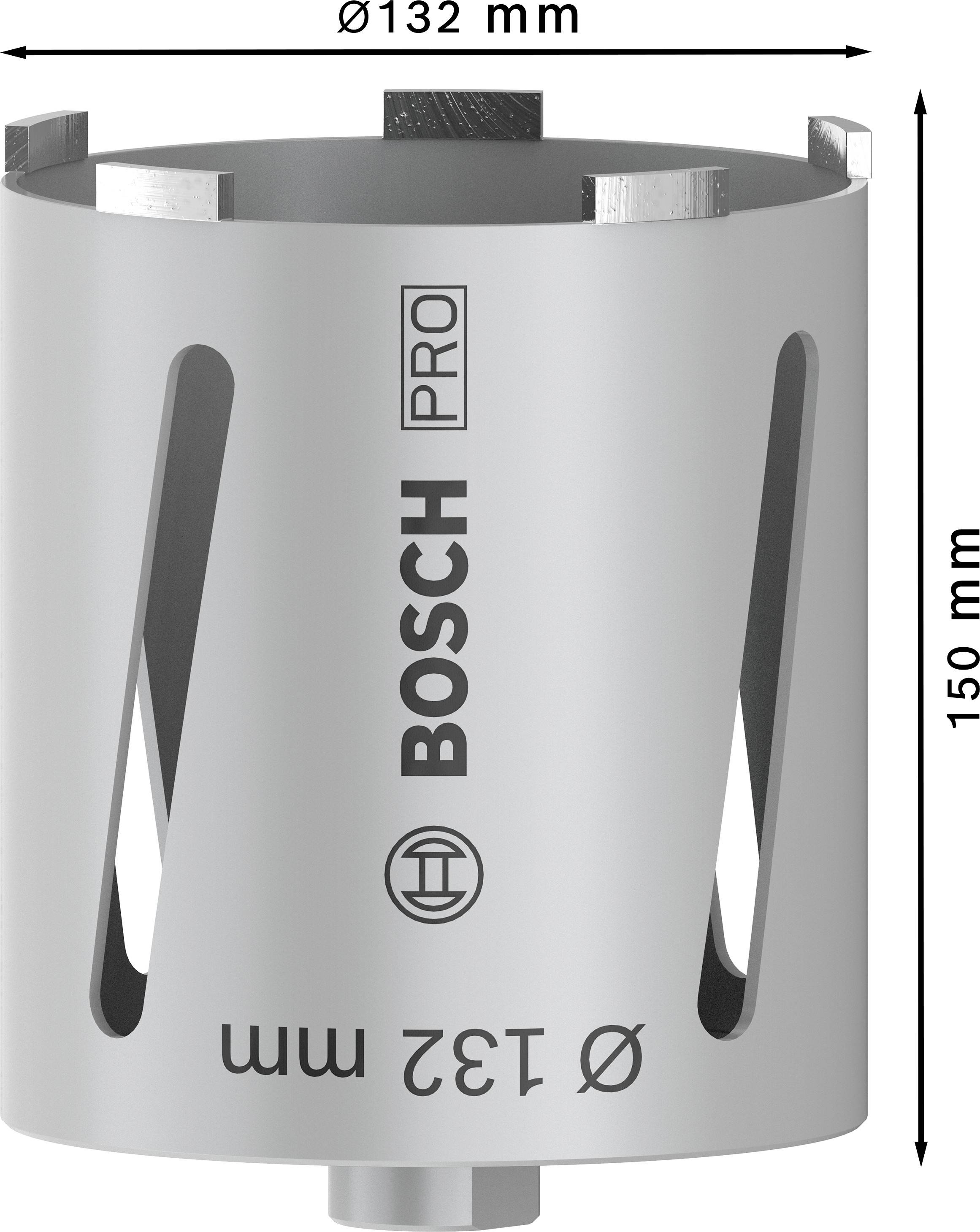 Graue Bosch Pro Lochsäge aus Metall, Ø 132 mm, Höhe 150 mm, mit Schlitzen zur Spanabfuhr und markierter Größe und Marke auf der Oberfläche.