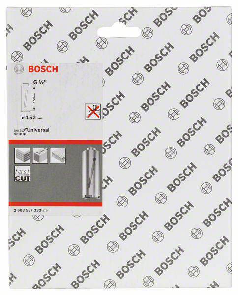 Verpackung eines Bosch-Werkzeugs: 'G 1/4' mit 152 mm Länge. Abbildung des Werkzeugs und 'best for Universal'. Text und Symbole geben Anwendungshinweise.