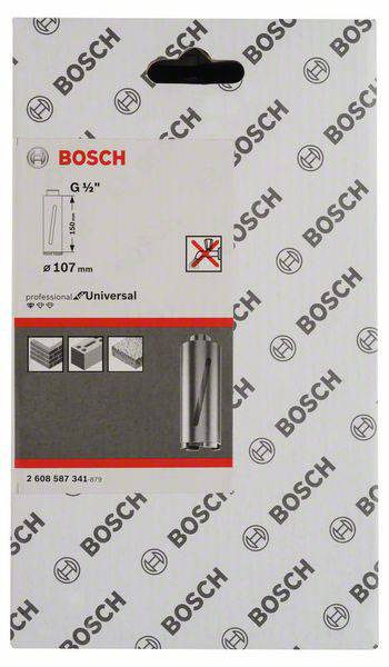 'Bosch' Bohrer-Verpackung mit Bild des Bohrers, Textangaben zur Größe G 1/2 und Länge 107 mm, sowie kompatiblen Materialien.