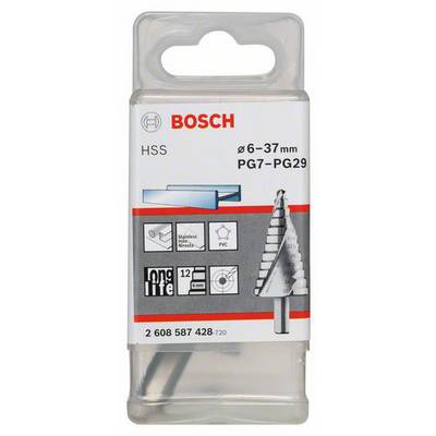 Verpackung eines Bosch Stufenbohrers, geeignet für Durchmesser 6-37 mm, Materialien wie Edelstahl und PVC. Modellnummer: 2 608 587 428.