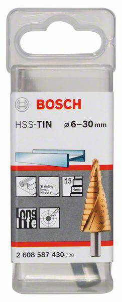 'Verpackung für Bosch HSS-TIN Stufenbohrer Ø 6-30 mm, geeignet für Edelstahl. Enthält Schema und Produktspezifikationen.'