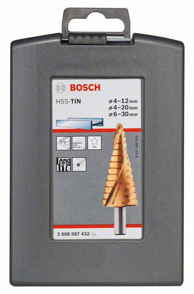 Schwarze Verpackung mit Bosch HSS-TIN Stufenkegelbohrer für Metall. Bohrbereich: 4-30 mm. Geeignet für Metall, Holz und Kunststoff.