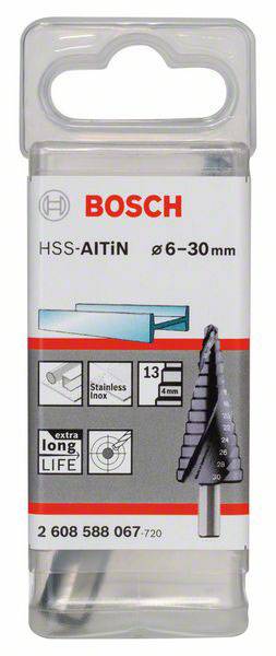 Verpackung eines Bosch HSS-Bohrers mit AlTiN Beschichtung. Geeignet für Edelstahl, Ø 6-30 mm. Extra lange Lebensdauer.
