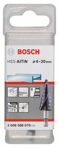 Verpackung eines Bosch HSS-Bohrers, 4-20 mm, für Edelstahl geeignet. Rechteckig, mit gestuftem Design, extra lange Lebensdauer.
