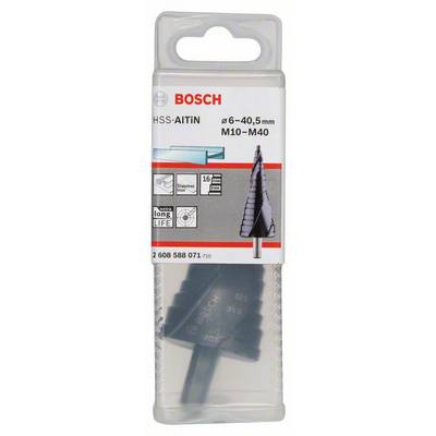 Verpackung eines Bosch HSS-AITIN Stufenbohrers, geeignet für Bohrdurchmesser 6-40,5 mm und Gewinde M10-M40, mit 16 Stufen.