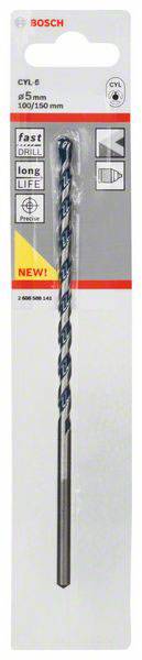 Bohrer der Marke Bosch, CYL-9, Durchmesser 5 mm, Länge 100/150 mm, im Verpackungsblister. Geeignet für Beton. Markierungen für Langlebigkeit.