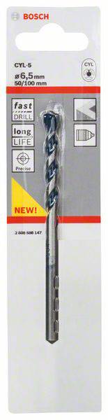 Ein Bosch-Bohrer mit den Maßen 26,5 mm x 50/100 mm, geeignet für CYL-5, in einer transparenten Verpackung. Hervorgehobene Merkmale: 'fast drill', 'long life'.