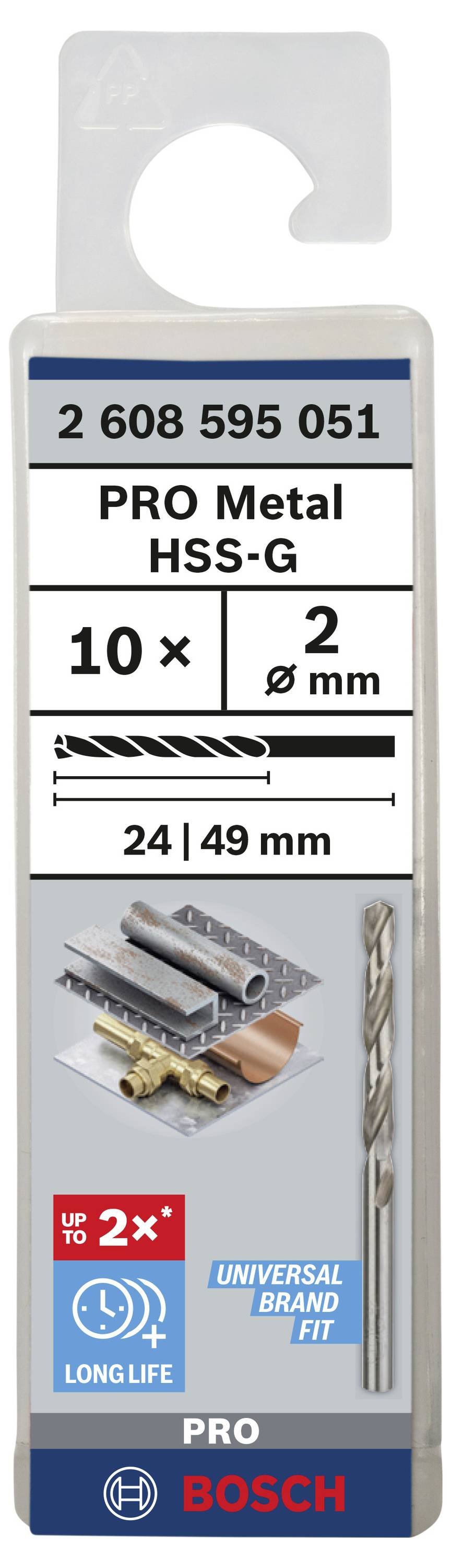 Metallbohrer-Set von Bosch, 10 Stück, HSS-G, für Pro-Anwendung, Durchmesser 2 mm, Länge 24/49 mm, langlebig und universell einsetzbar.