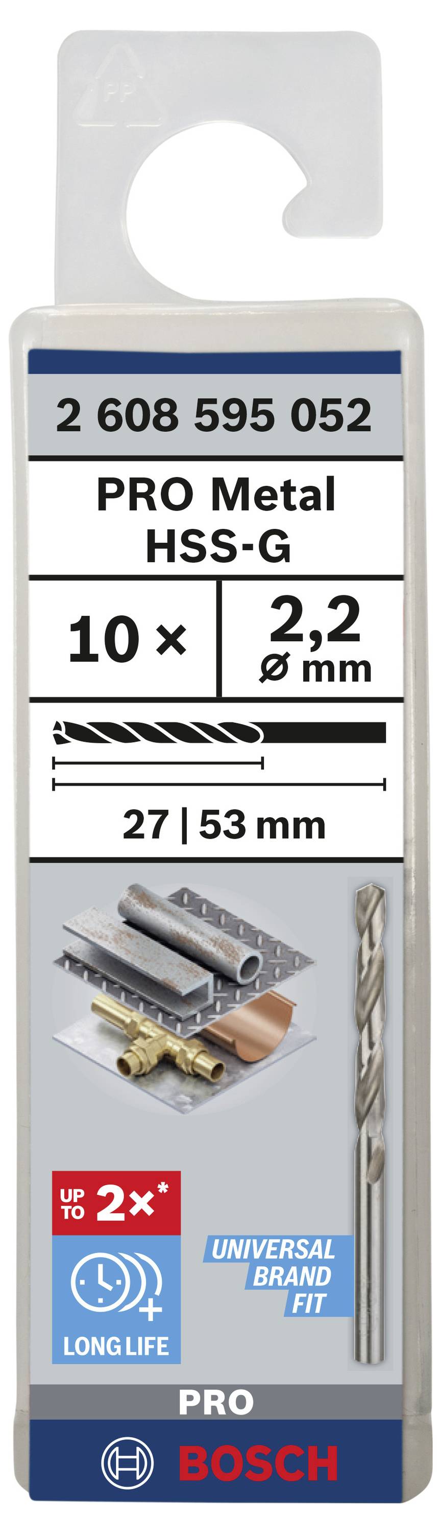 Verpackung für PRO Metal HSS-G Bohrer von Bosch. Enthält 10 Stück, Durchmesser 2,2 mm, Länge 27/53 mm, geeignet für Metall.