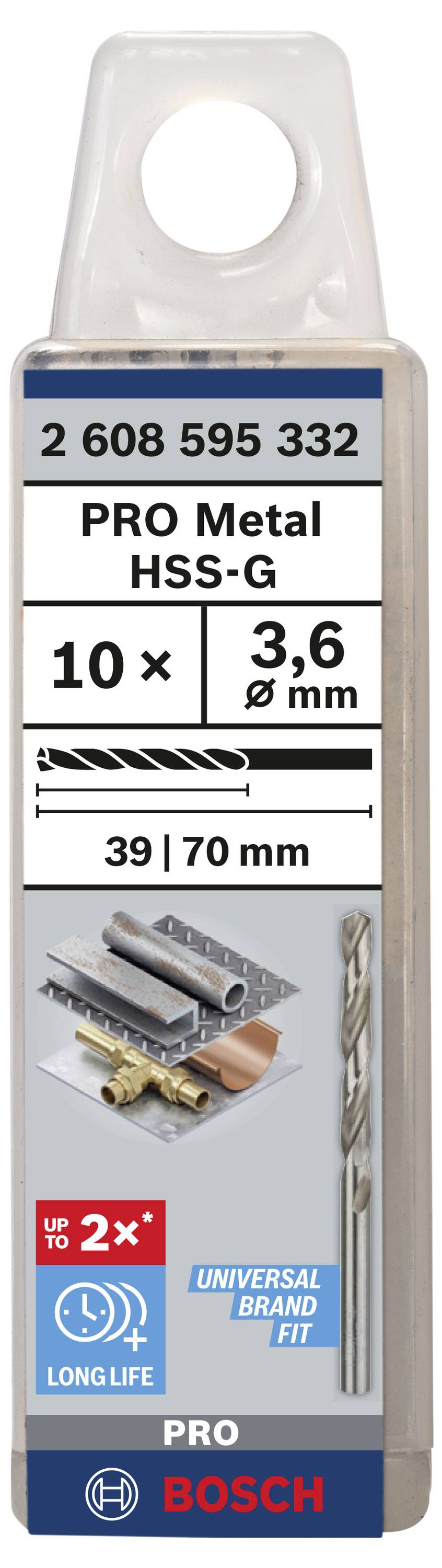 Verpackung einer Bosch HSS-G Metallbohrersatz mit 10 Stück, Durchmesser 3,6 mm. Markenname und Produktmerkmale hervorgehoben.
