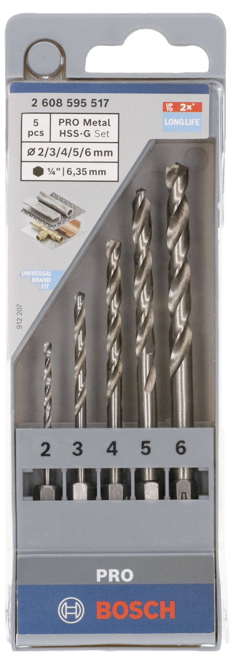 Bosch Metallbohrer-Set, 5-teilig. Größen: 2, 3, 4, 5, 6 mm. Für Metallarbeiten. Verpackung zeigt Bohrer und Produktdetails.