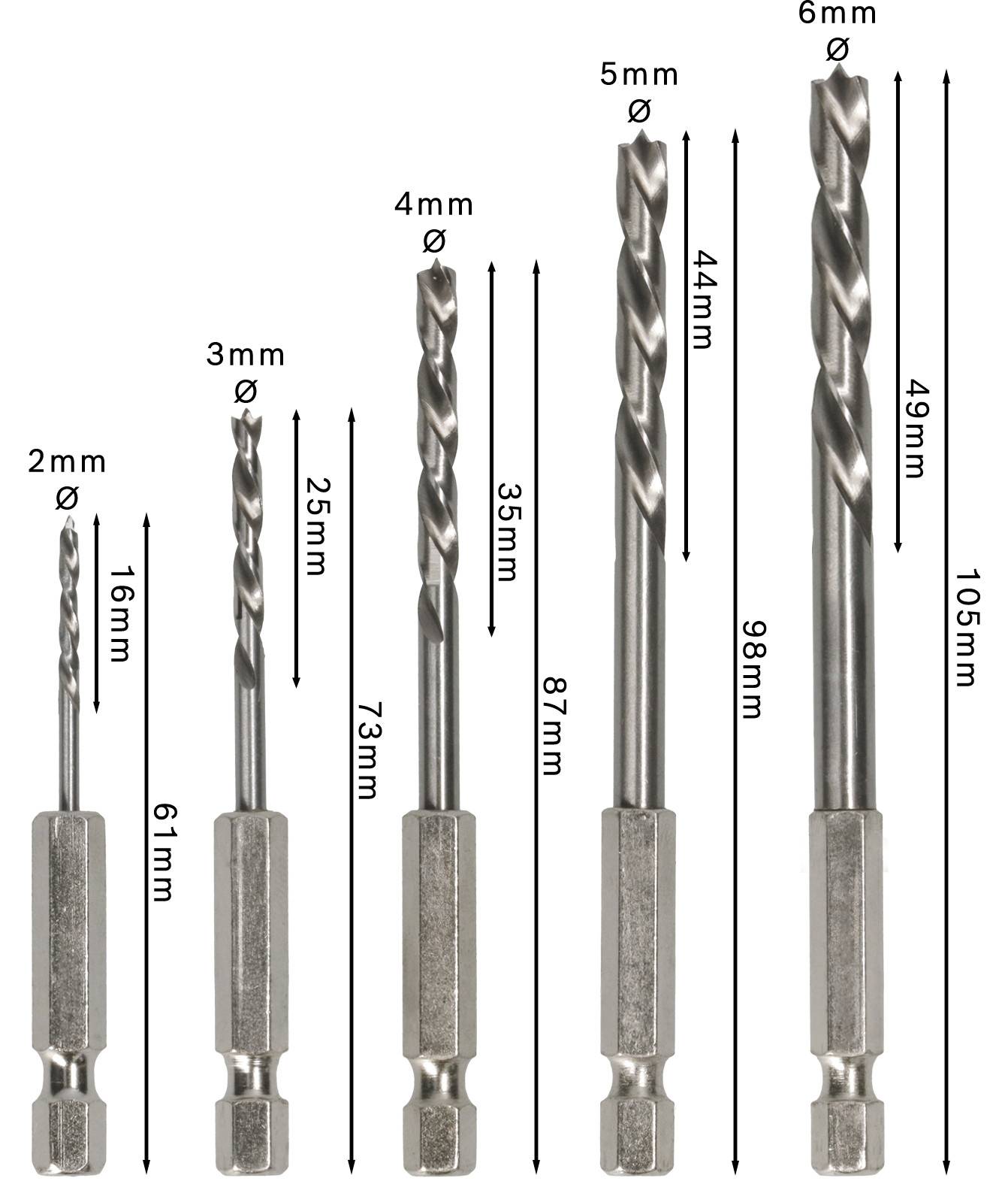 'Sechs Bohrer in aufsteigender Größe, Ø 2 mm bis Ø 6 mm, mit Längen von 61 mm bis 105 mm, angezeigt mit entsprechenden Messungen.'