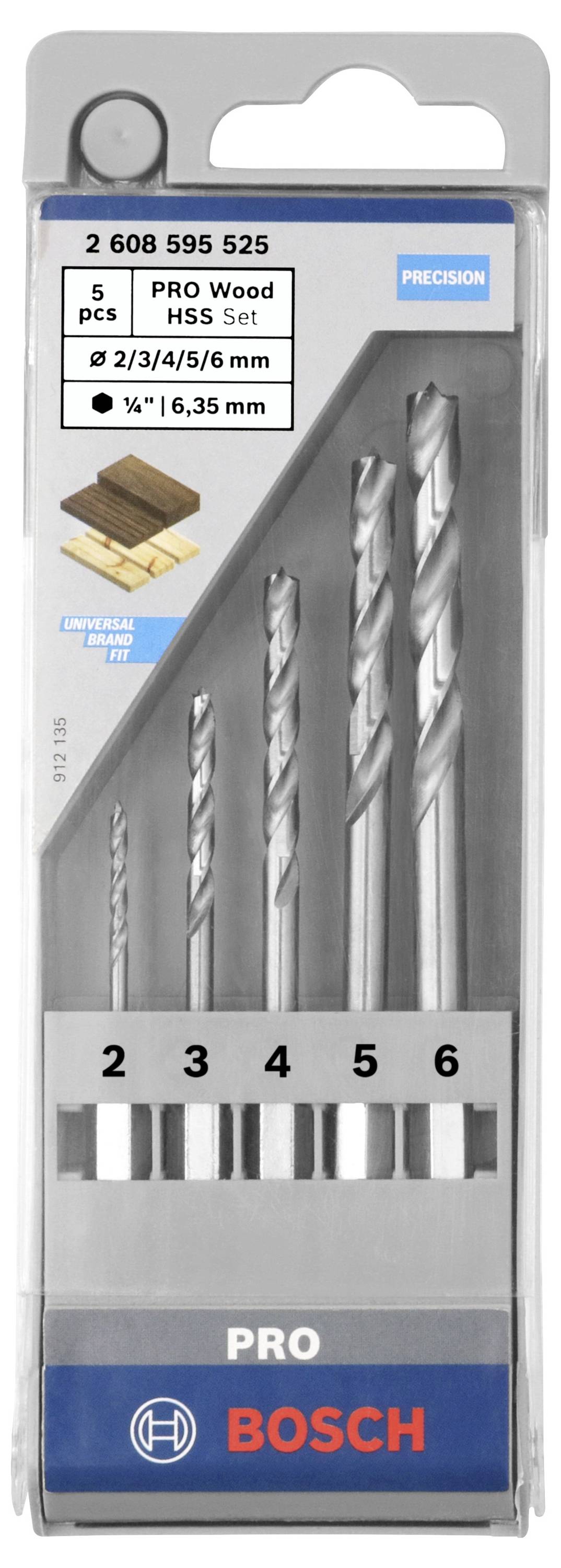 'Bosch Bohrer-Set' mit fünf HSS-Bohrern für Holz, Größen von 2 mm bis 6 mm, in transparentem Etui mit blauer und grauer Verpackung.