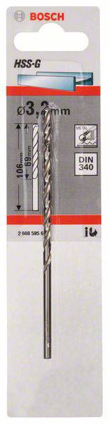 Bohrer-Verpackung von Bosch, HSS-G 3,2 mm Durchmesser, 106 mm Länge, geeignet für Metallbohrungen, entspricht DIN 340 Norm.