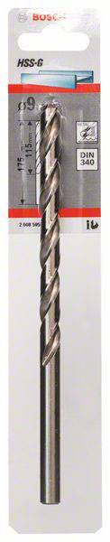 Metallbohrer von Bosch, HSS-G, DIN 340 Norm, 7 mm Durchmesser, Länge 109 mm, in einer transparenten Verpackung.
