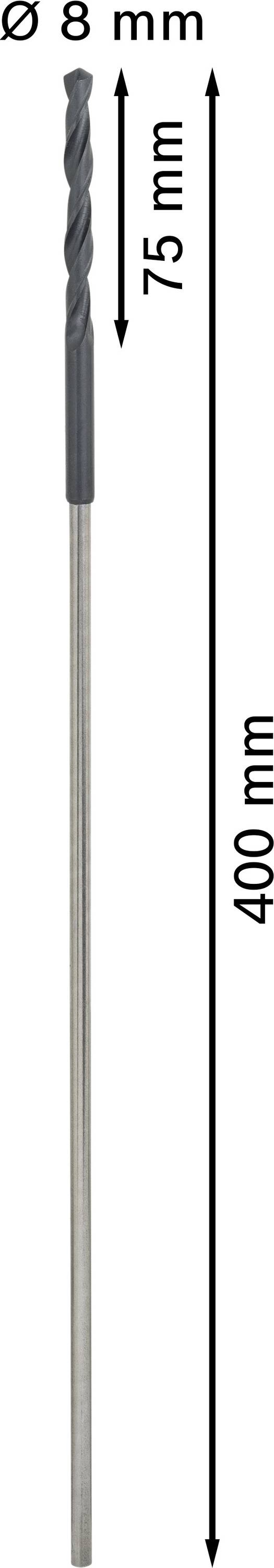 'Bohrer mit 8 mm Durchmesser, 75 mm nutzbare Länge, Gesamtlänge 400 mm.'