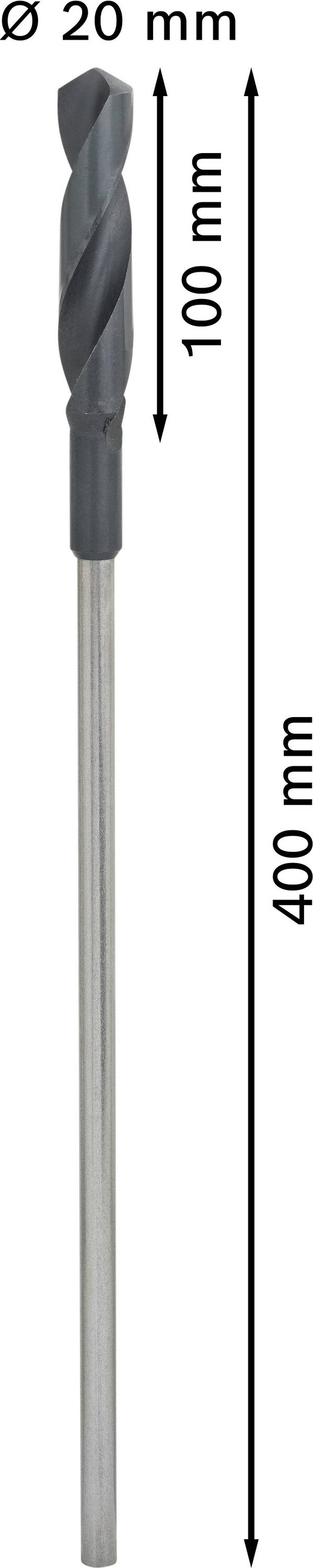 Bohrer mit einem Durchmesser von 20 mm, Arbeitslänge 100 mm, Gesamtlänge 400 mm.