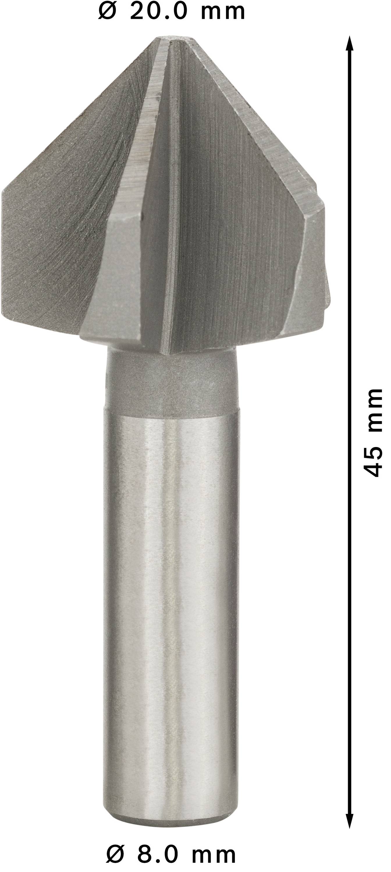 'Kegelsenker' mit Durchmesser 20 mm, Länge 45 mm. Hauptwerkzeugteil oben konisch mit Rillen, unten zylindrischer Schaft.