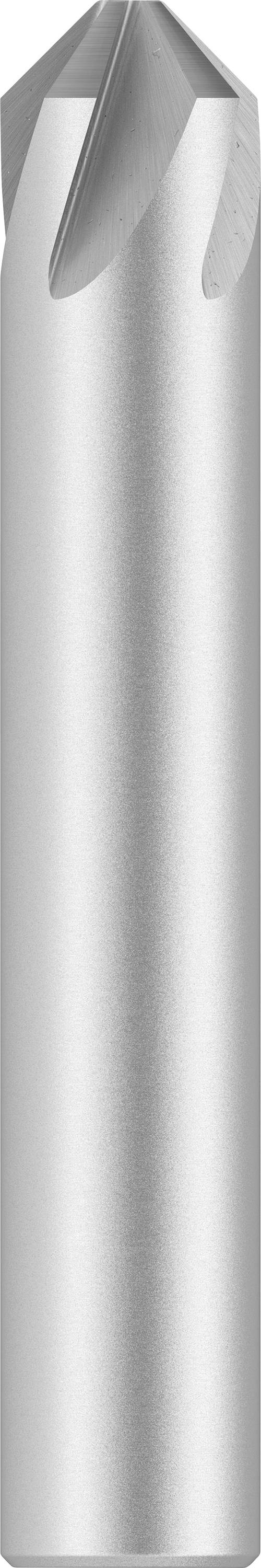 Ein silberner Kegelsenker mit scharfer Spitze, verwendet zum Senken von Bohrlöchern in metallischen Materialien, steht aufrecht.